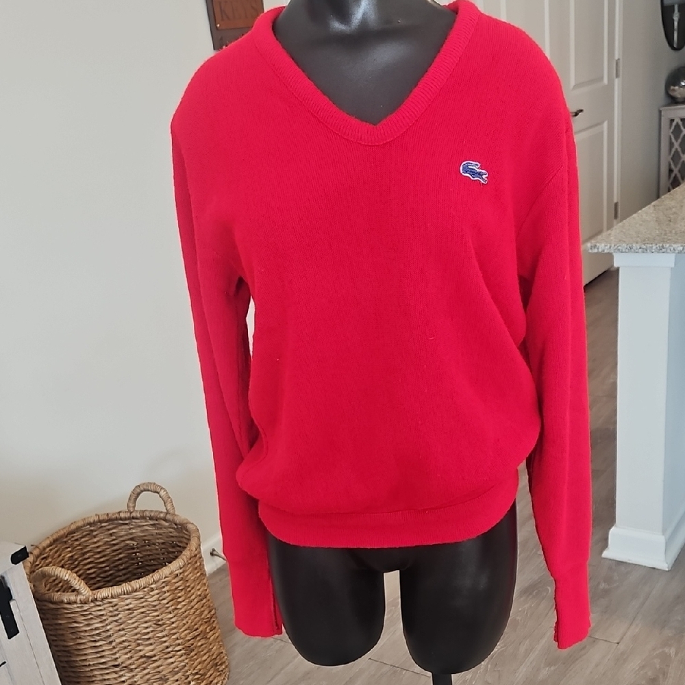 Vintage Lacoste Men's Vibrant Red V-Neck Sweater, Size Small
